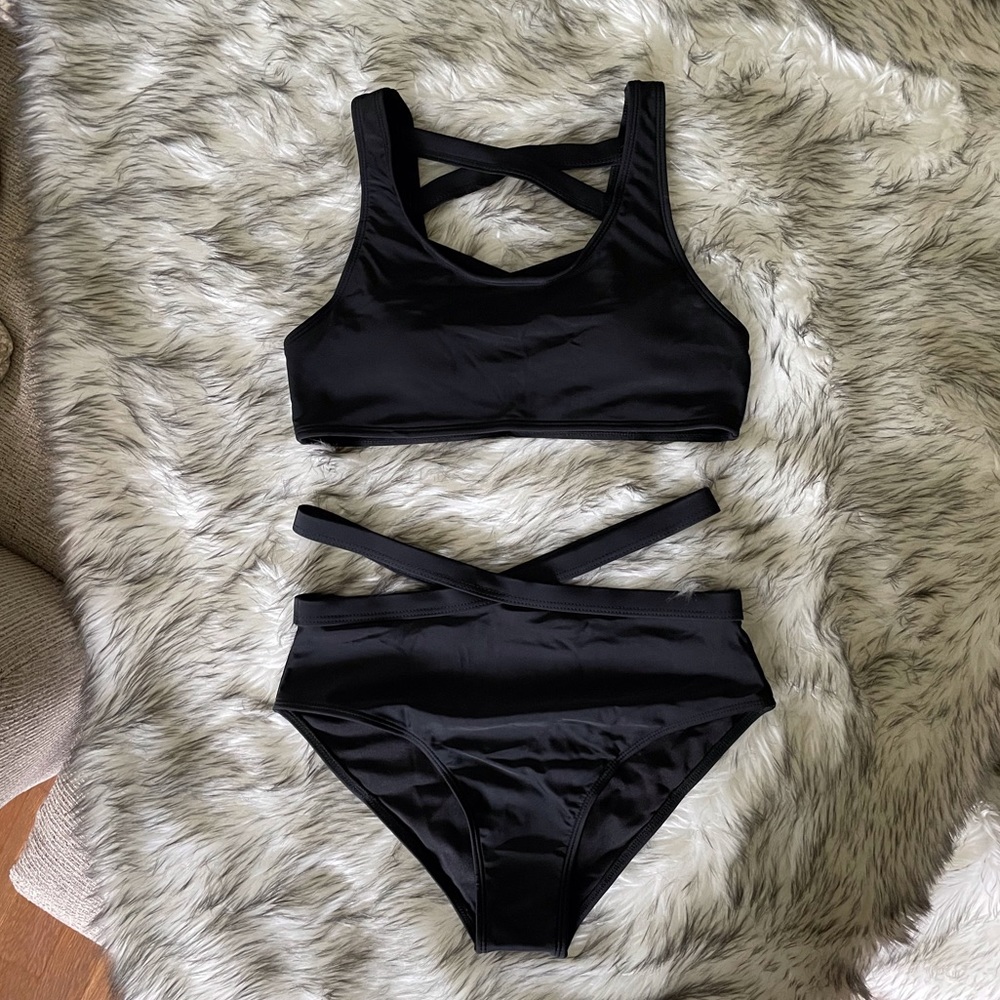 Solid Black High Waisted Flattering Strappy Bikini - Picture 7 of 9